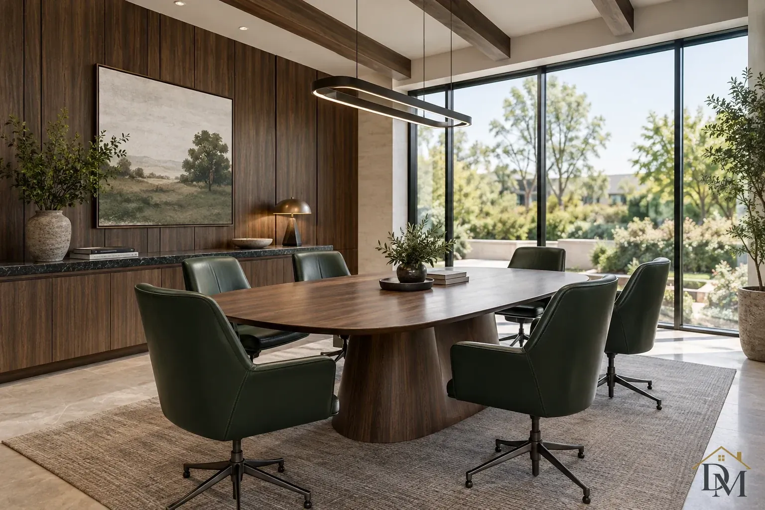 Oval wood conference table with dark green rolling chairs, a long oval pendant, landscape artwork and broad windows beneath wood beams.