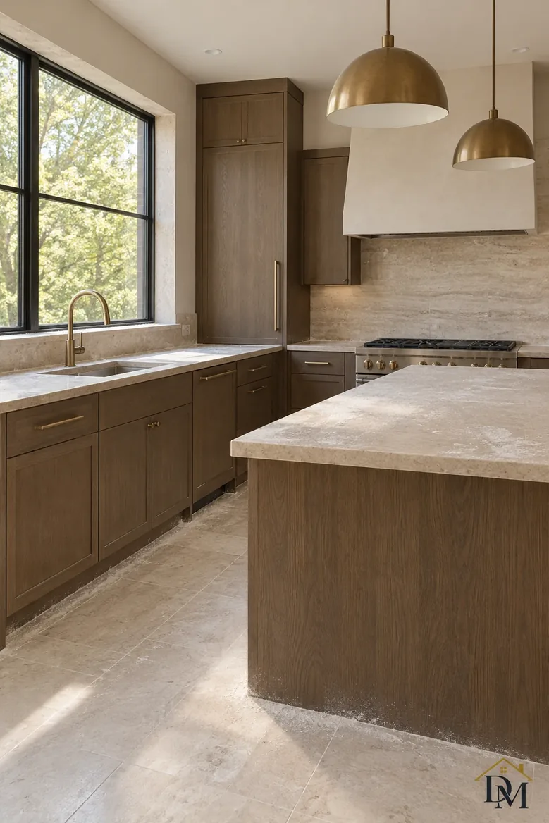 First view: a towel hangs over the oak vanity.