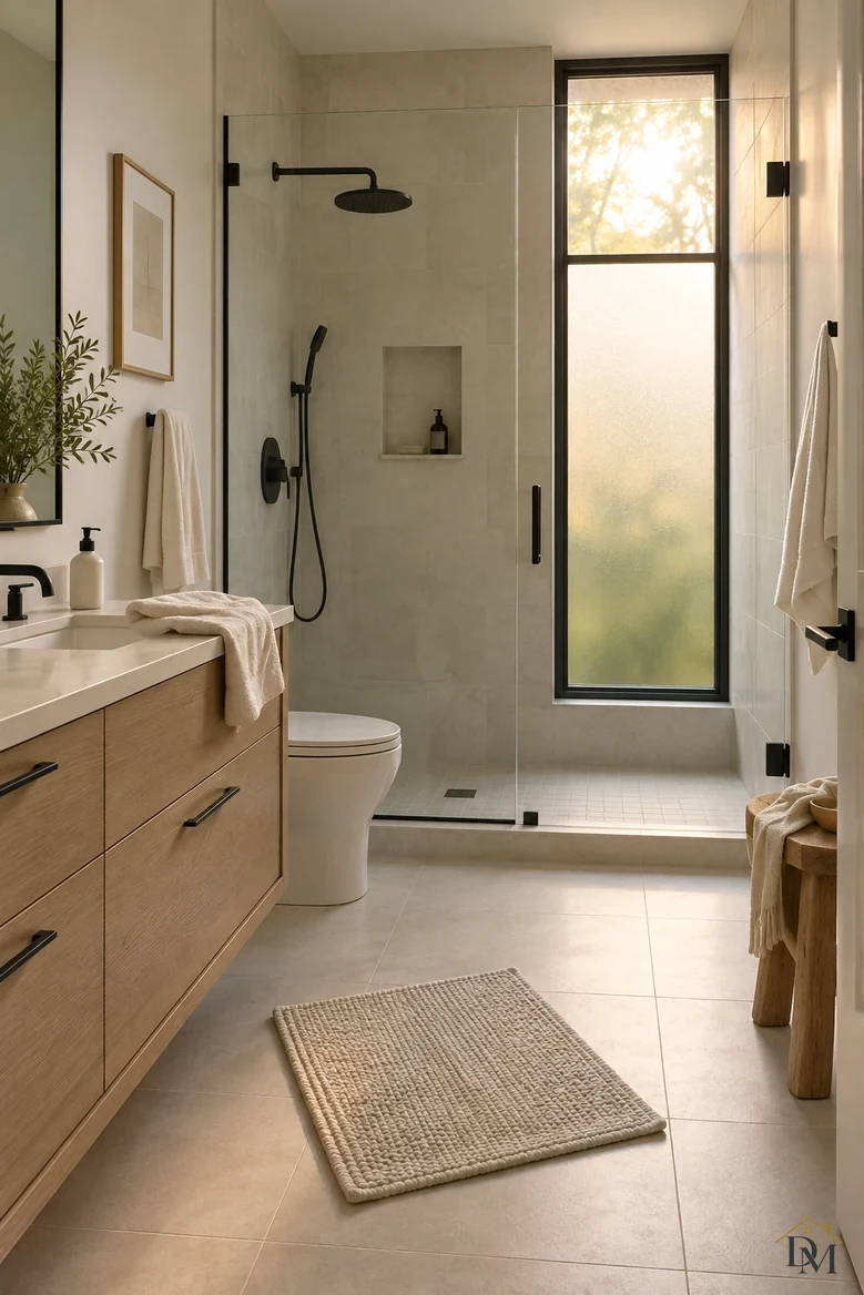 View one: a white towel is draped over the edge of the light oak vanity.