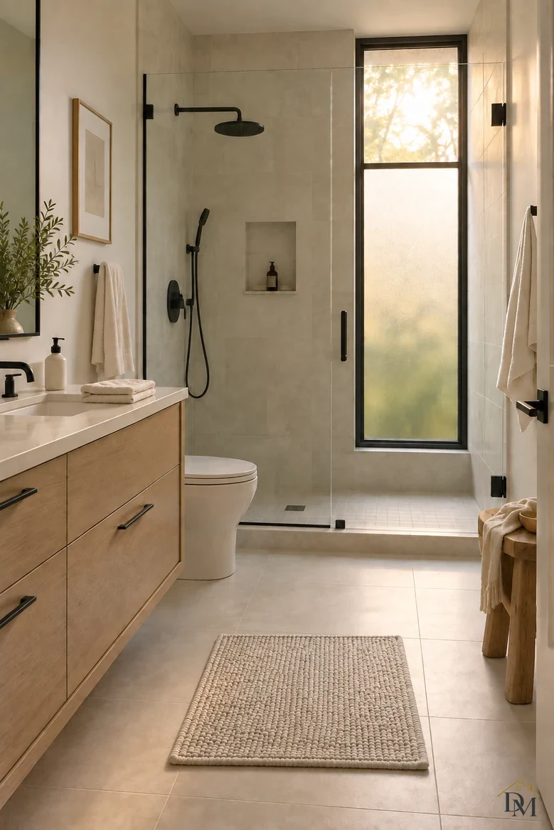 View two: the towel is folded on the counter and the bath mat lies straight.