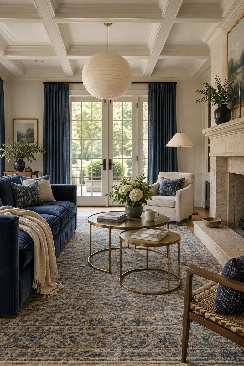 View one: a cream throw hangs over the navy sofa and books and a mug sit on the brass nesting tables.