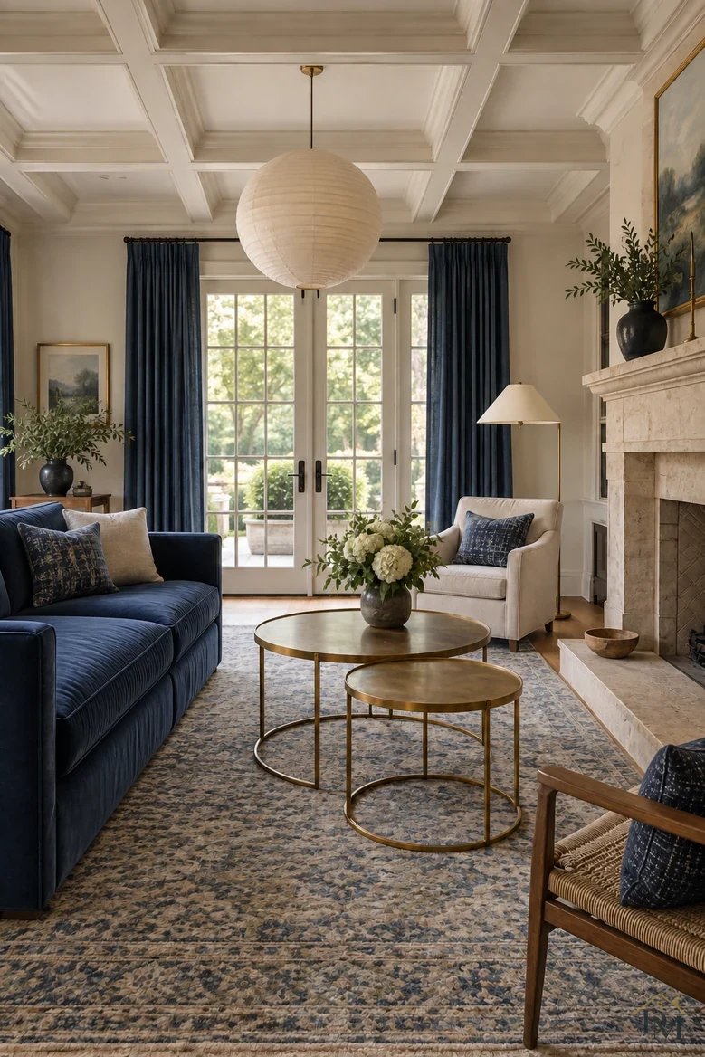 View two: the throw is gone and the brass tables hold only the flowers.