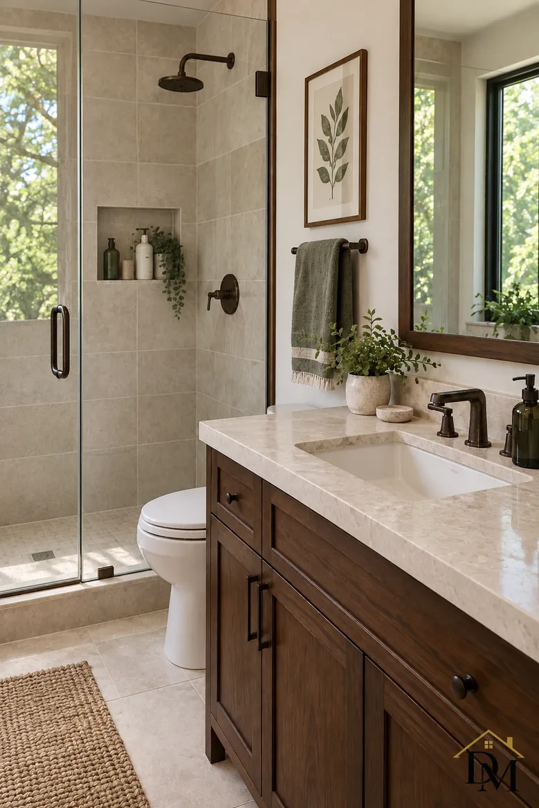For arrival: towel folded on the counter and the mat lined up with the tub.
