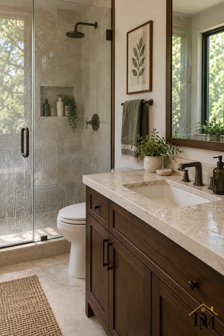 At checkout: a used towel draped over the white vanity and the mat crooked.