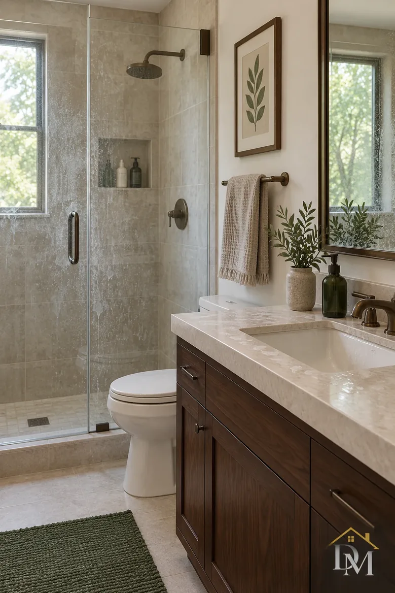 As found: a towel hanging off the white vanity, mat angled on the tile.