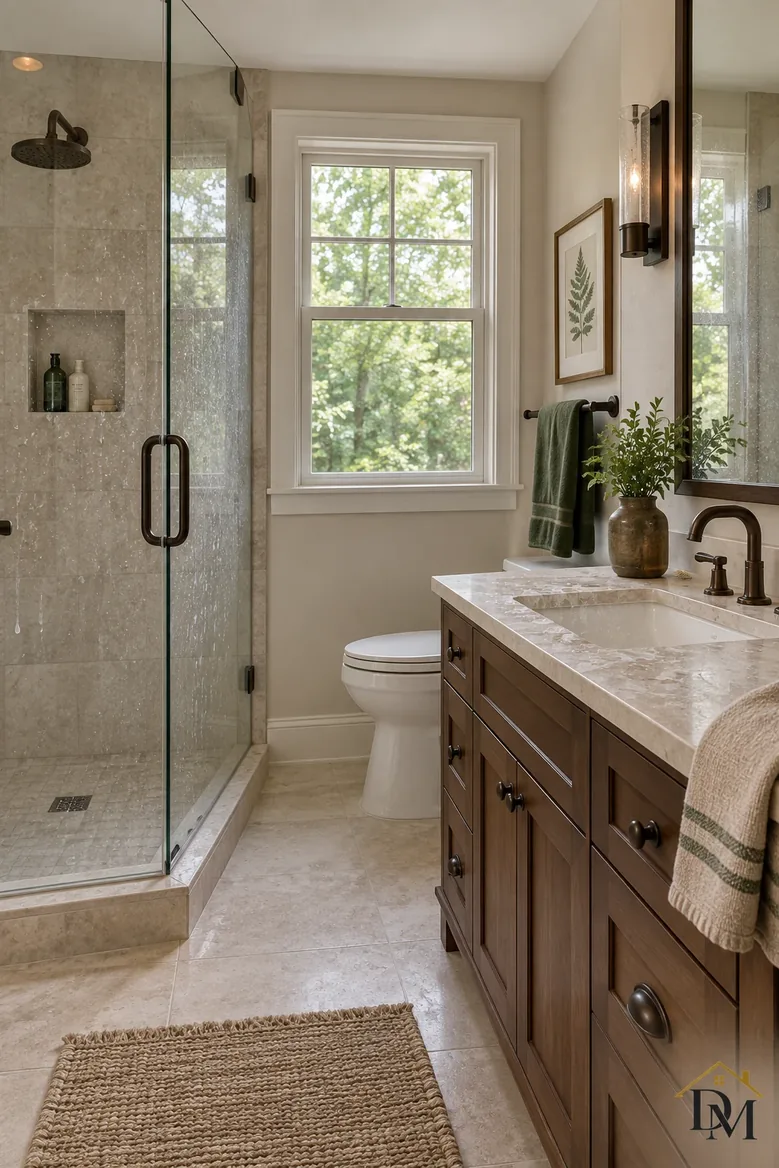 A loose towel and a shifted mat hide spots that need scrubbing.