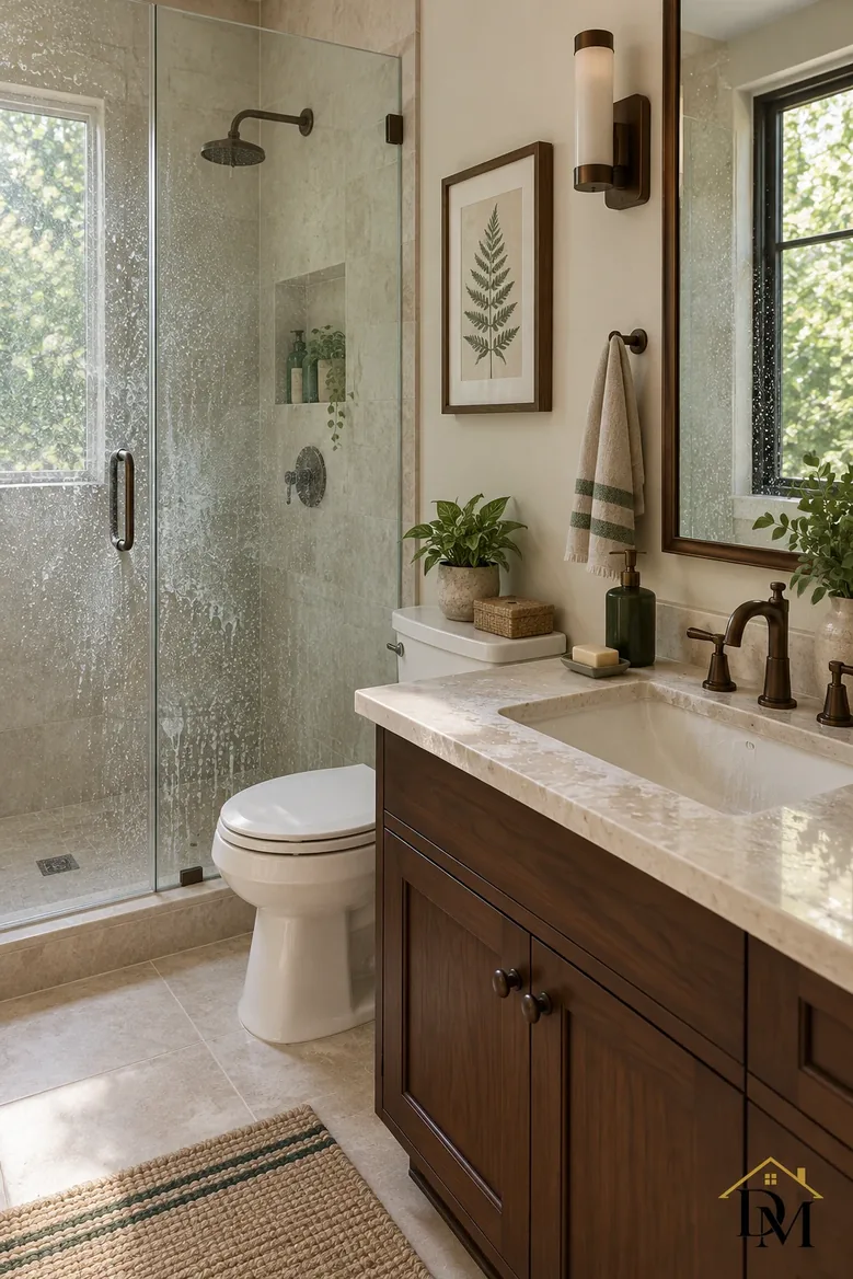 By midweek: a towel slung over the vanity, mat drifting toward the door.