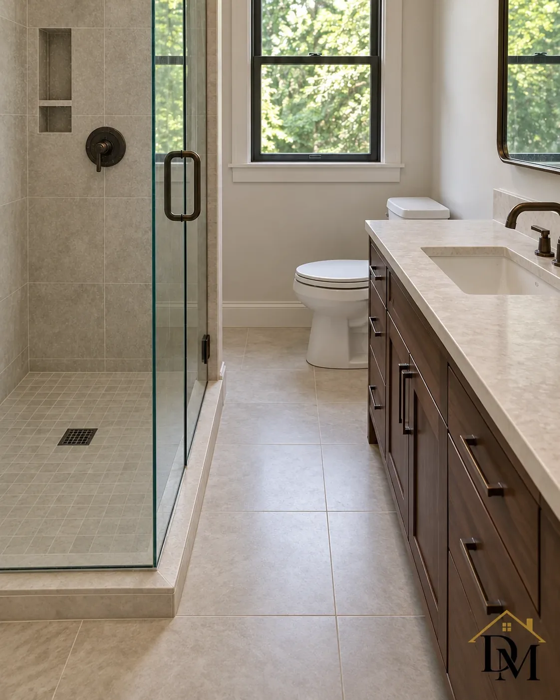 Ready for towels: tile clear from the shower glass to the vanity.