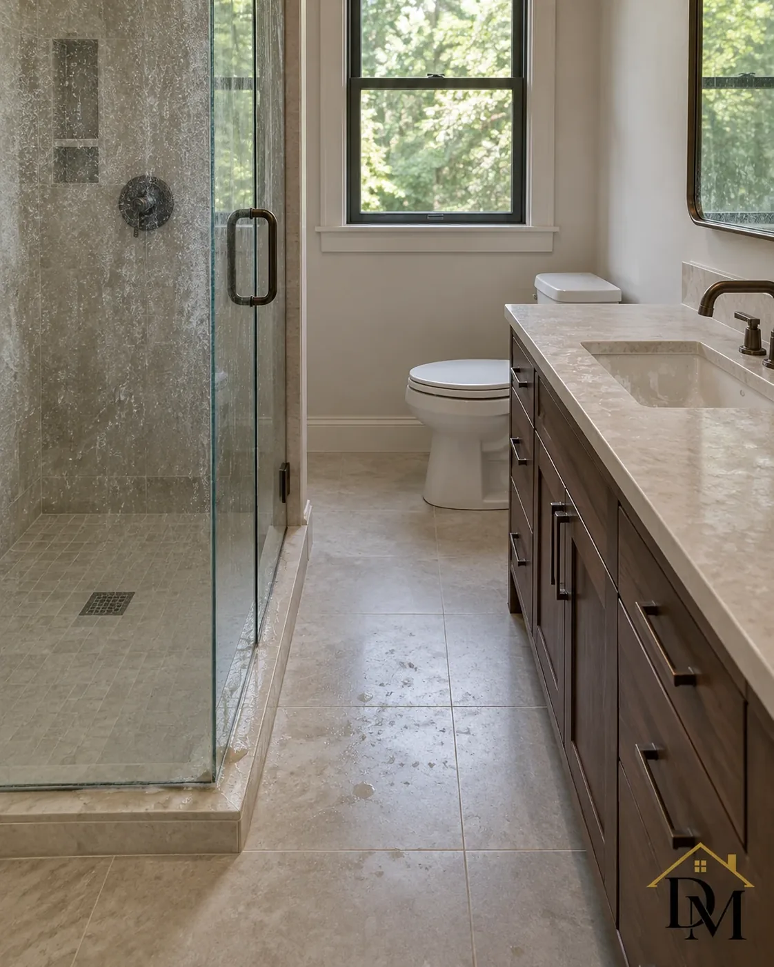 Before move-in: caddy on the tile between the glass shower and the blue-gray vanity.