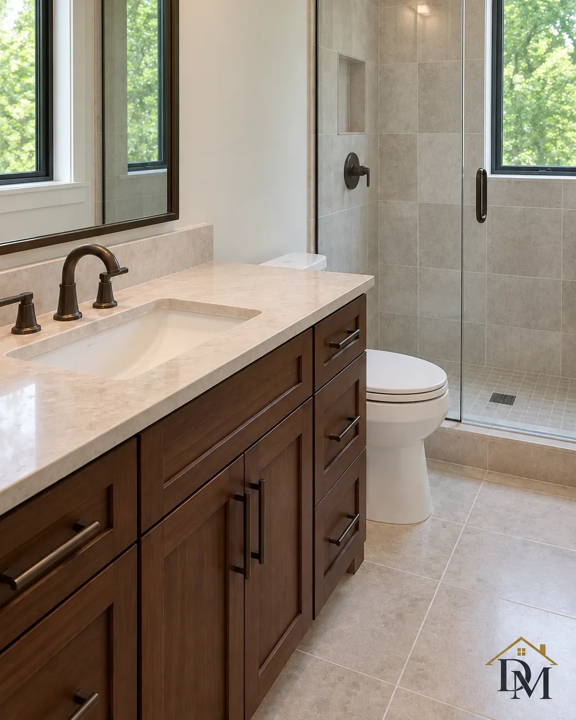 At key return: the double-vanity bath floor fully clear.