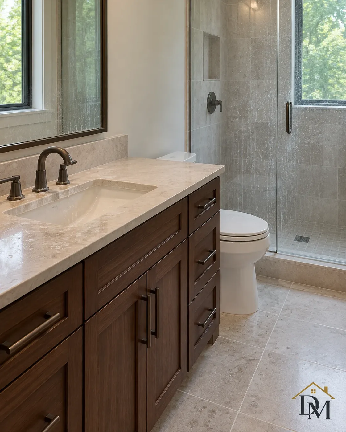 Before key return: supplies on the tile by the long blue-gray vanity.