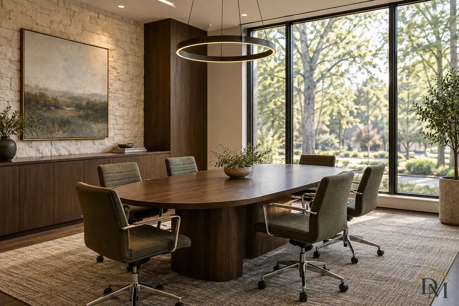 Oval dark wood conference table with green upholstered rolling chairs, a circular pendant, stone wall and broad windows.