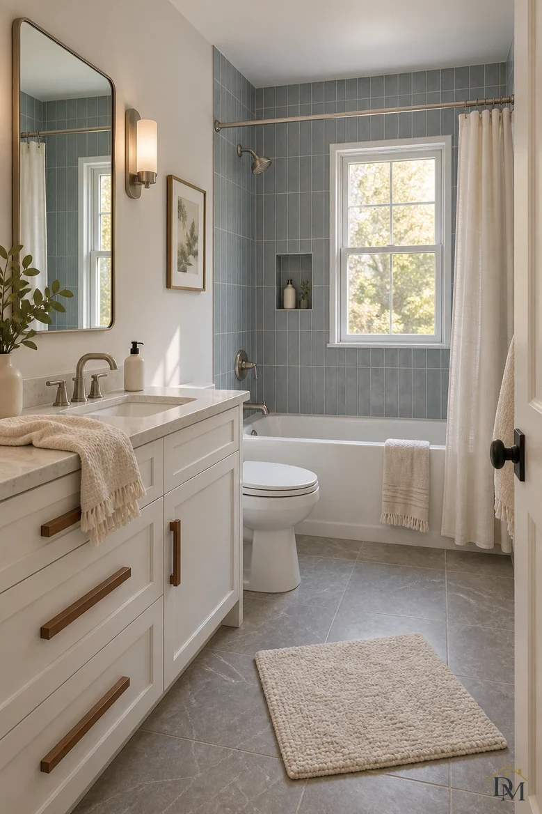 Before: a cream towel slumped over the white vanity edge and the bath mat pushed askew on the gray tile.