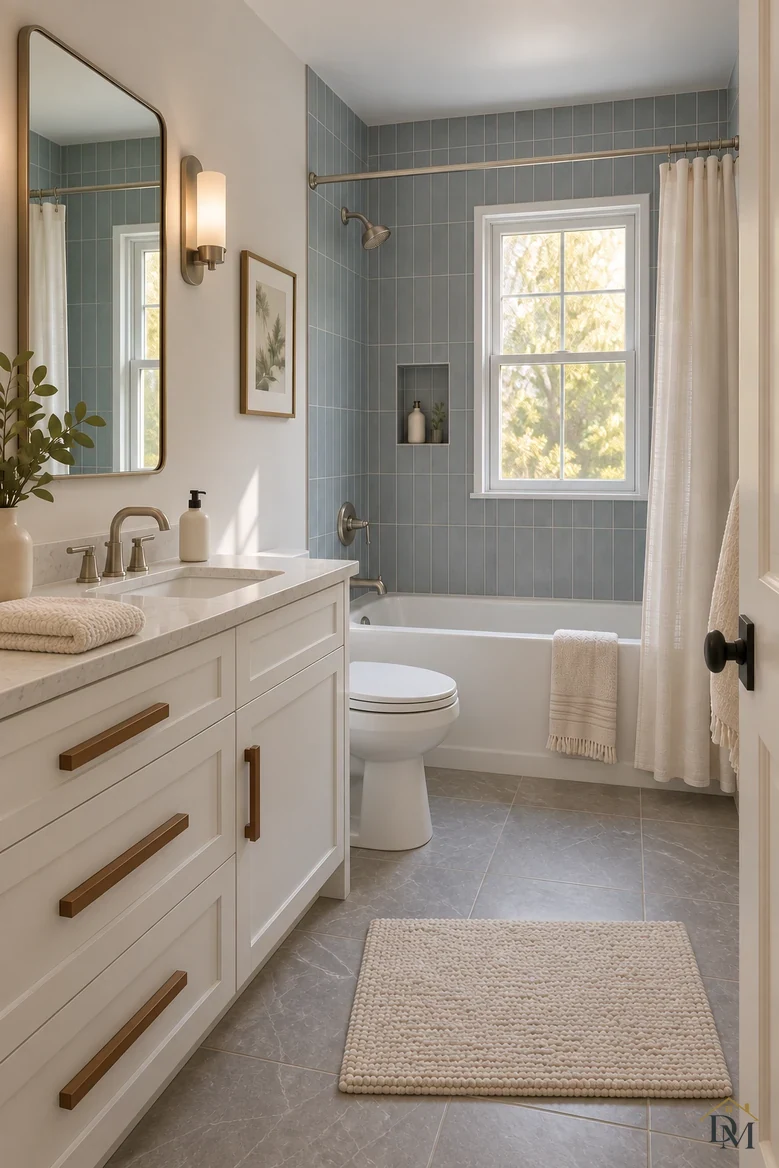 After: the towel folded on the vanity top and the mat squared by the tub.
