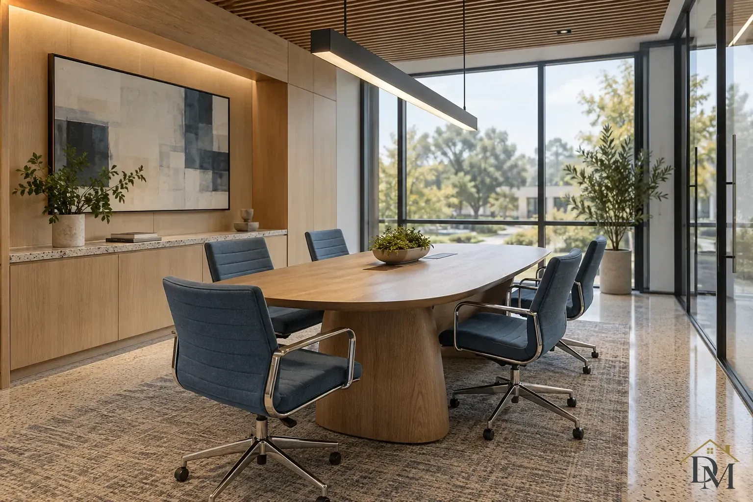 Oval wood conference table with blue rolling chairs, a linear pendant, wood slat ceiling and broad windows.