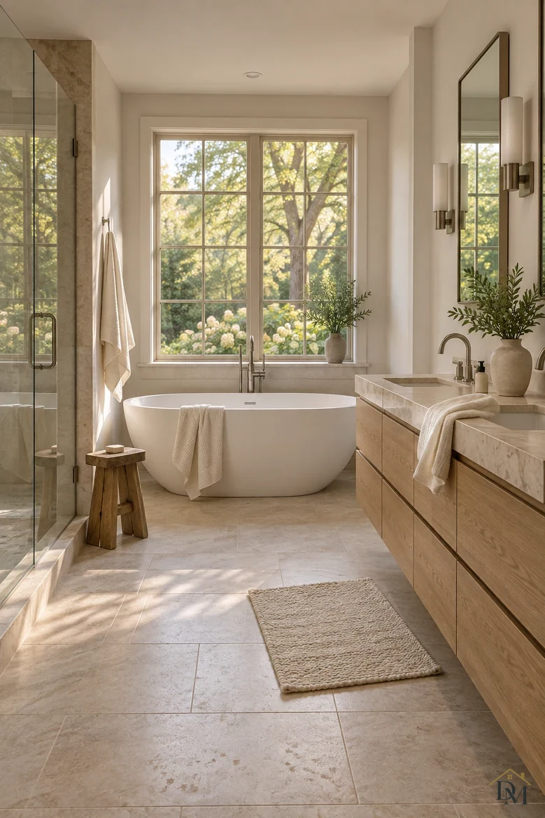 First view: footprints and water spots dull the pale stone floor by the bath mat.
