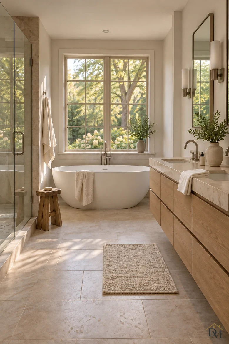 Second view: the stone floor is clear of prints from the tub to the vanity.
