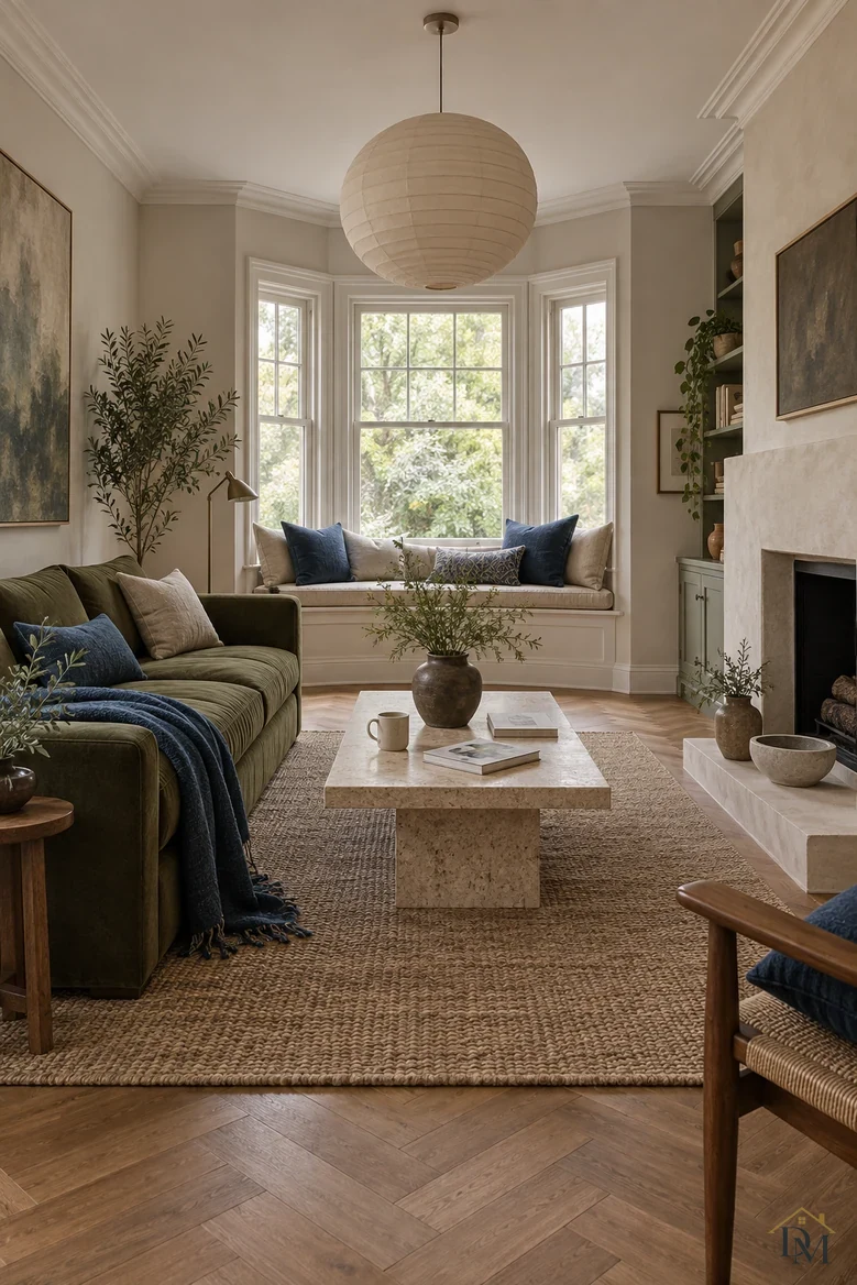 First view: a mug, an open book and a navy throw left on the stone coffee table and olive sofa.