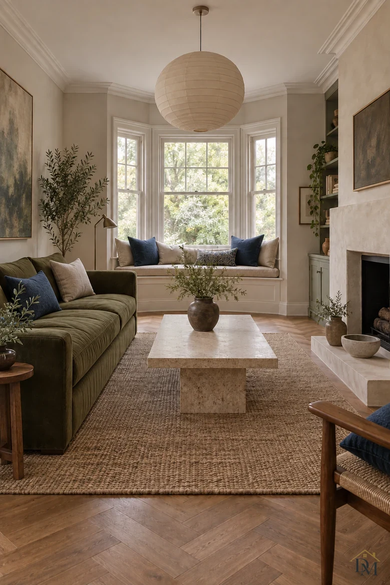 Second view: the stone table holds only the vase and bowl; the throw is put away.