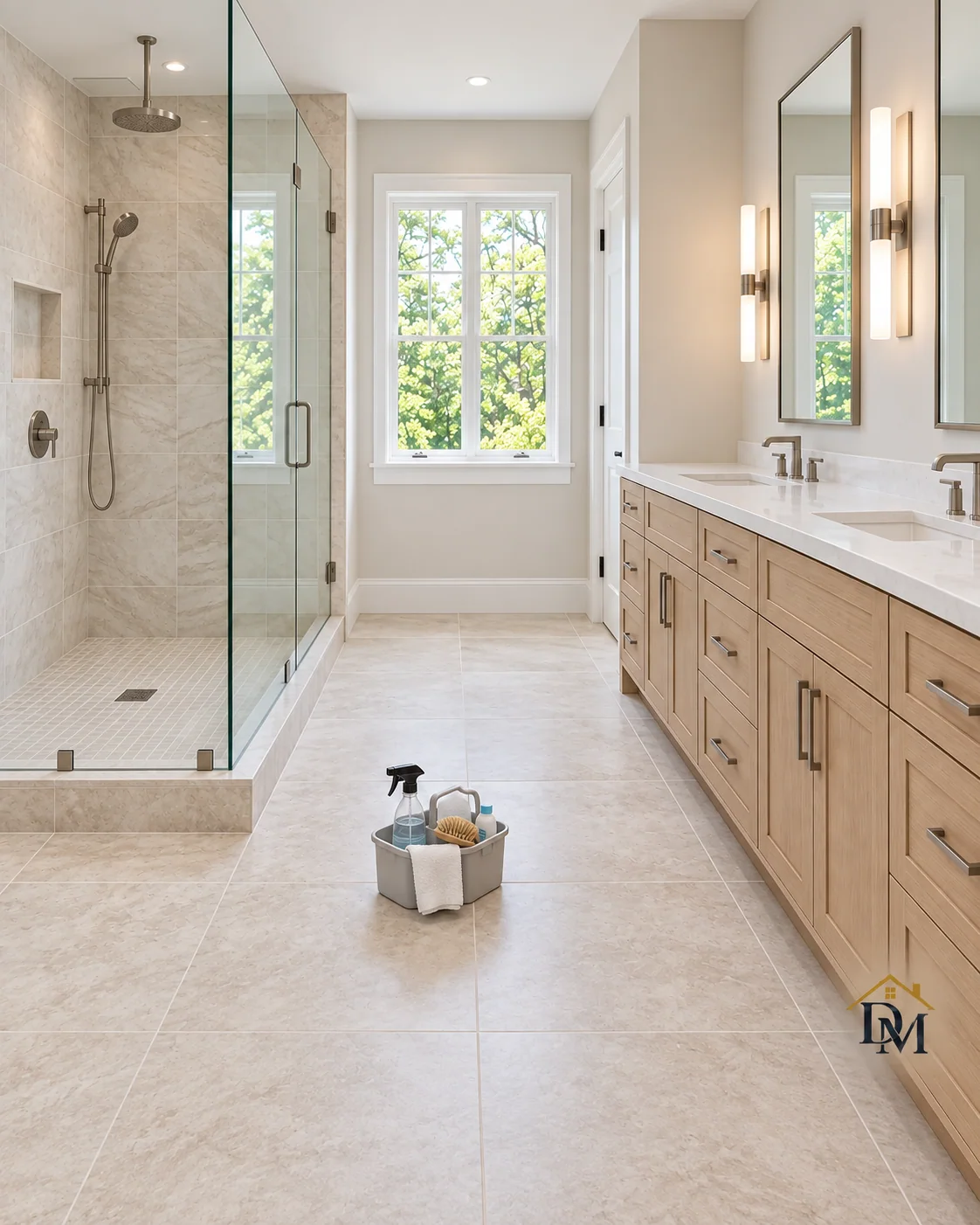 Before move-in: the caddy waits on the tile beside the glass shower.