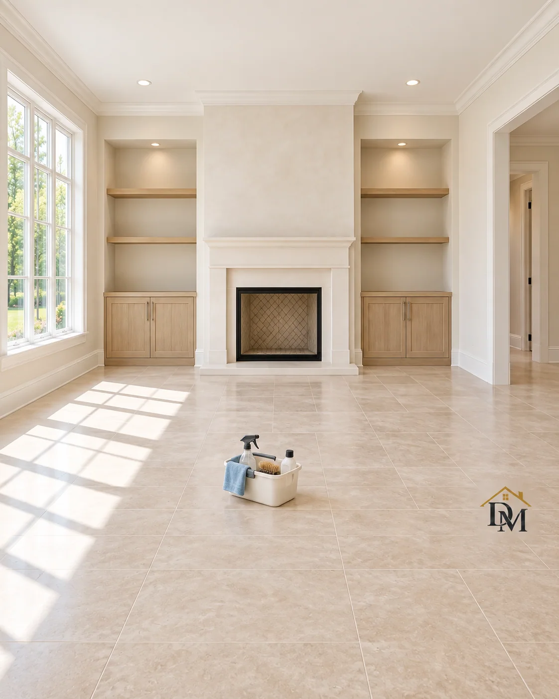 Before move-in: a supply caddy sits on the pale floor in front of the plaster fireplace.