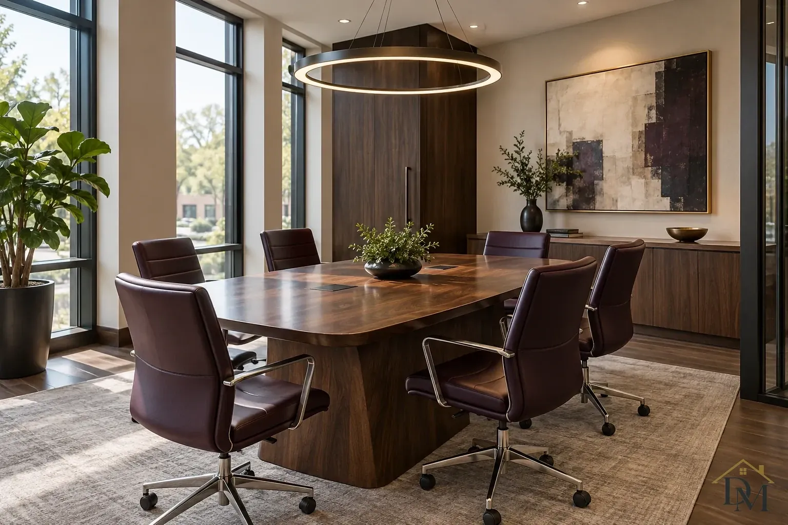 Dark wood conference table with burgundy rolling chairs, a circular pendant and tall windows.