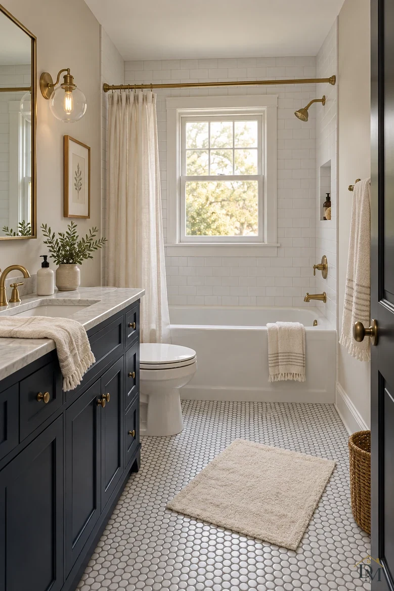 View A: a hand towel draped over the edge of the marble vanity.