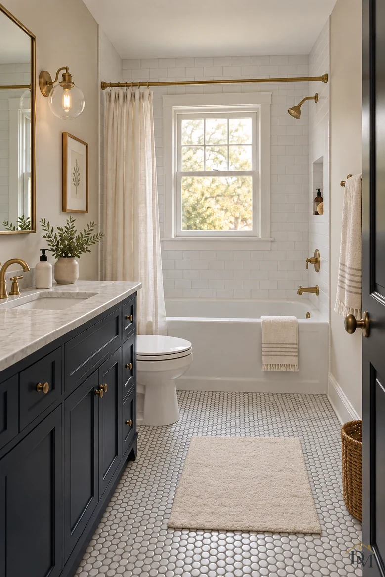 View B: the marble vanity top clear and the door swung open.