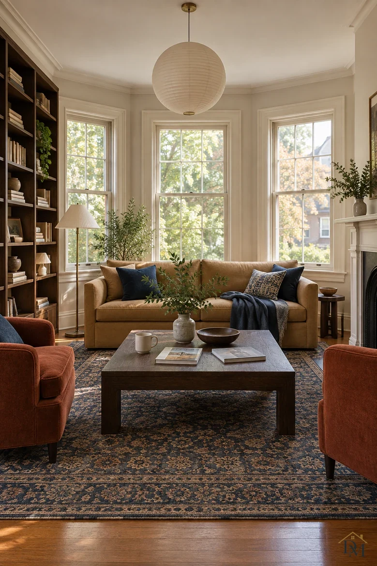 View A: a navy throw across the tan sofa, a mug and books on the square wood table.