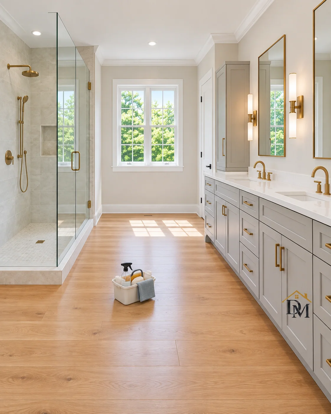 Before move-in: caddy on the floor between the glass shower and gray vanity.