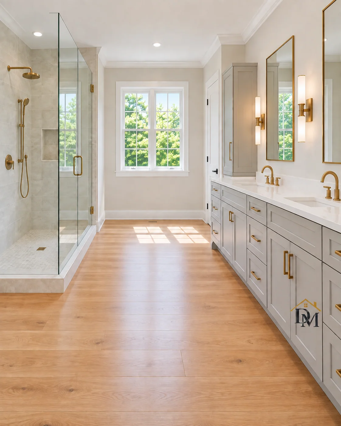 Ready for your keys: nothing on the floor by the gray double vanity.