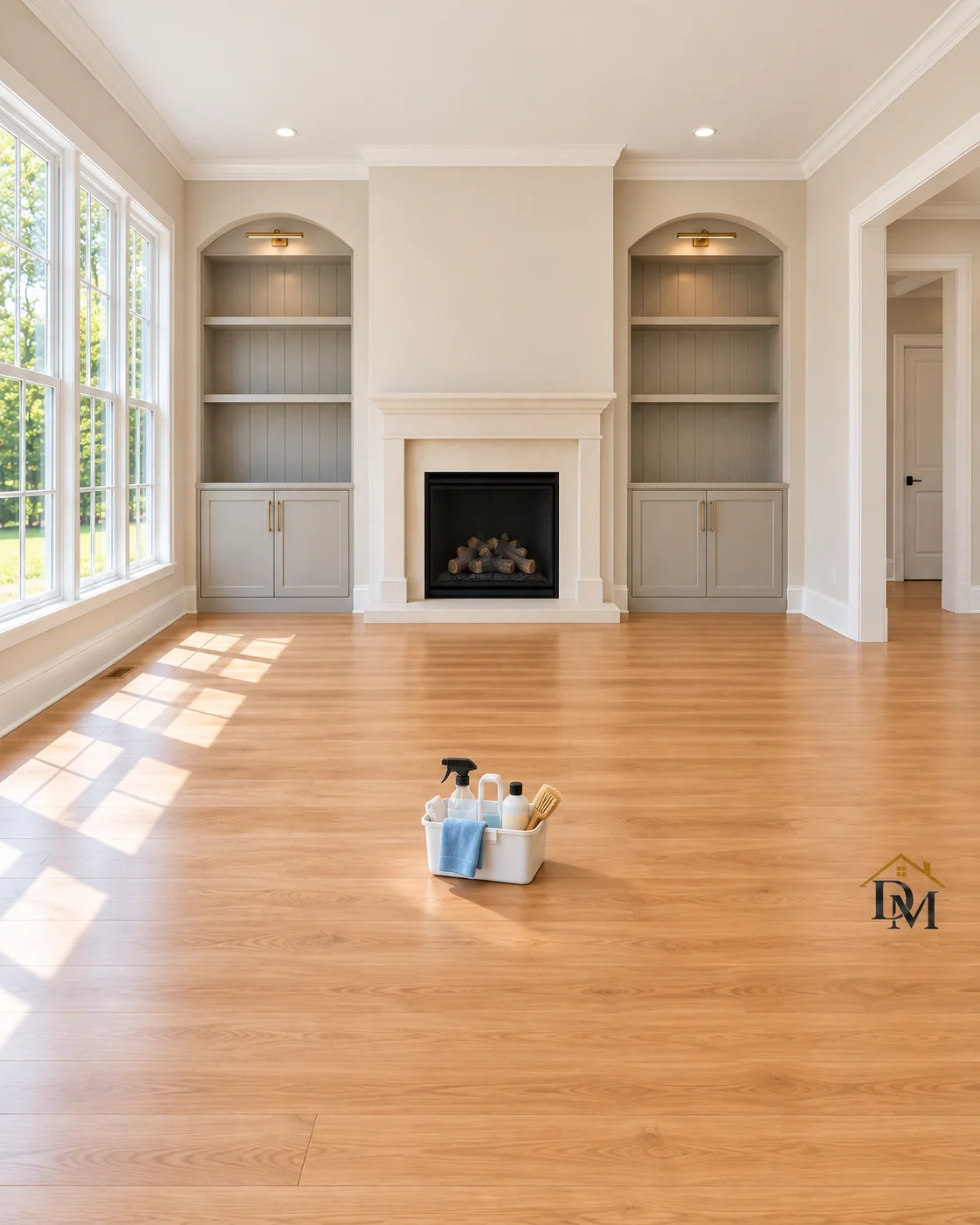 Before move-in: our cleaning caddy on the empty floor by the fireplace built-ins.
