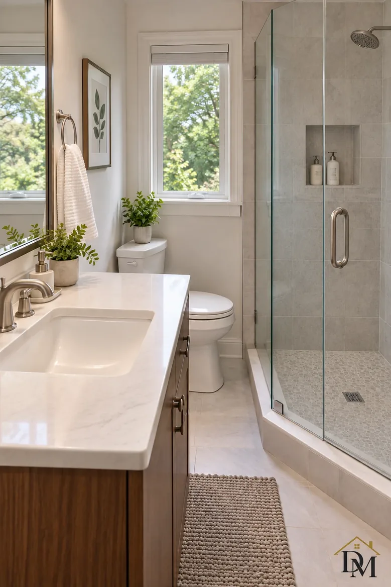 Guest bath view B: towel folded, mat straight for the next arrival.