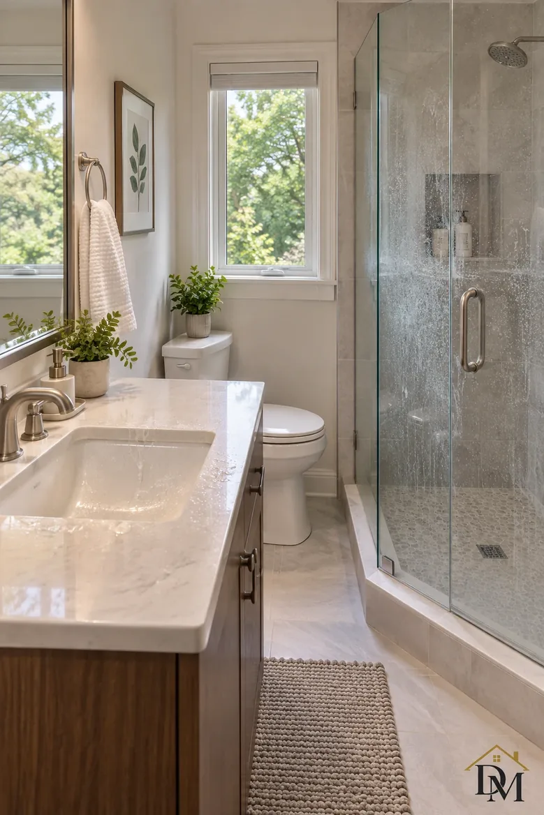Guest bath view A: used towel over the vanity, mat pushed aside.