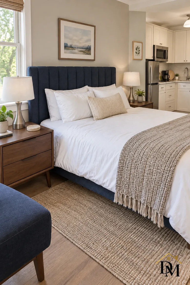 View B, set for the next guests: throw put away, chest top clear.