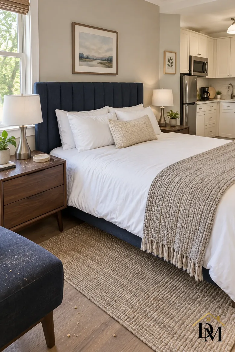 View A, as guests might leave it: throw on the sofa, books on the chest.