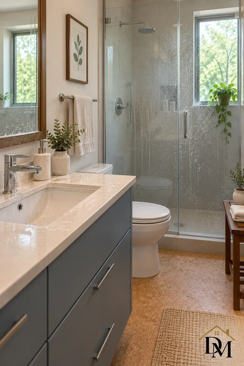Unit bath view A: towel draped over the vanity, mat angled.
