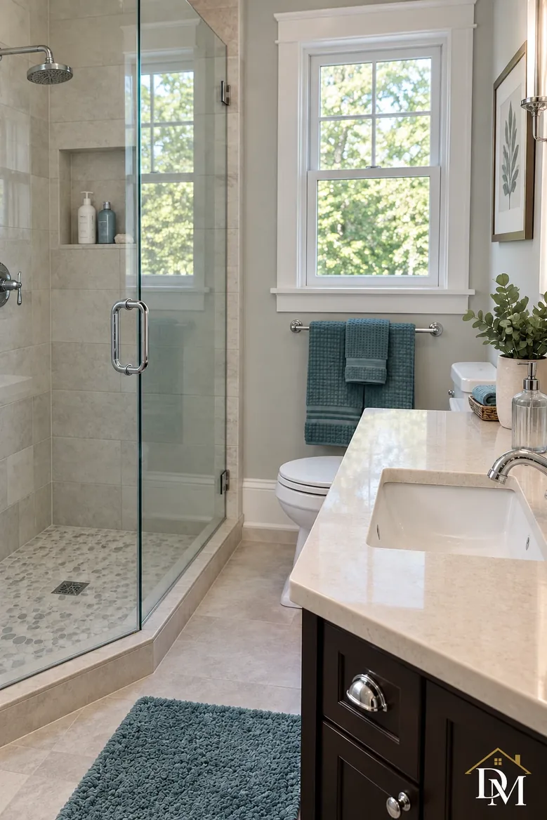 Bath view B: vanity edge clear and the shower glass in full view.