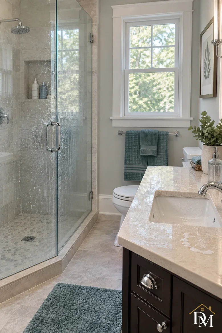 Bath view A: vanity edge hidden under a towel, mat out of place.