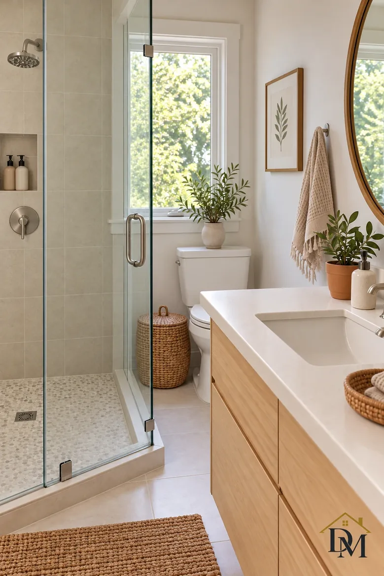 Bath view B, tidied: towel folded beside the basin, mat set square.