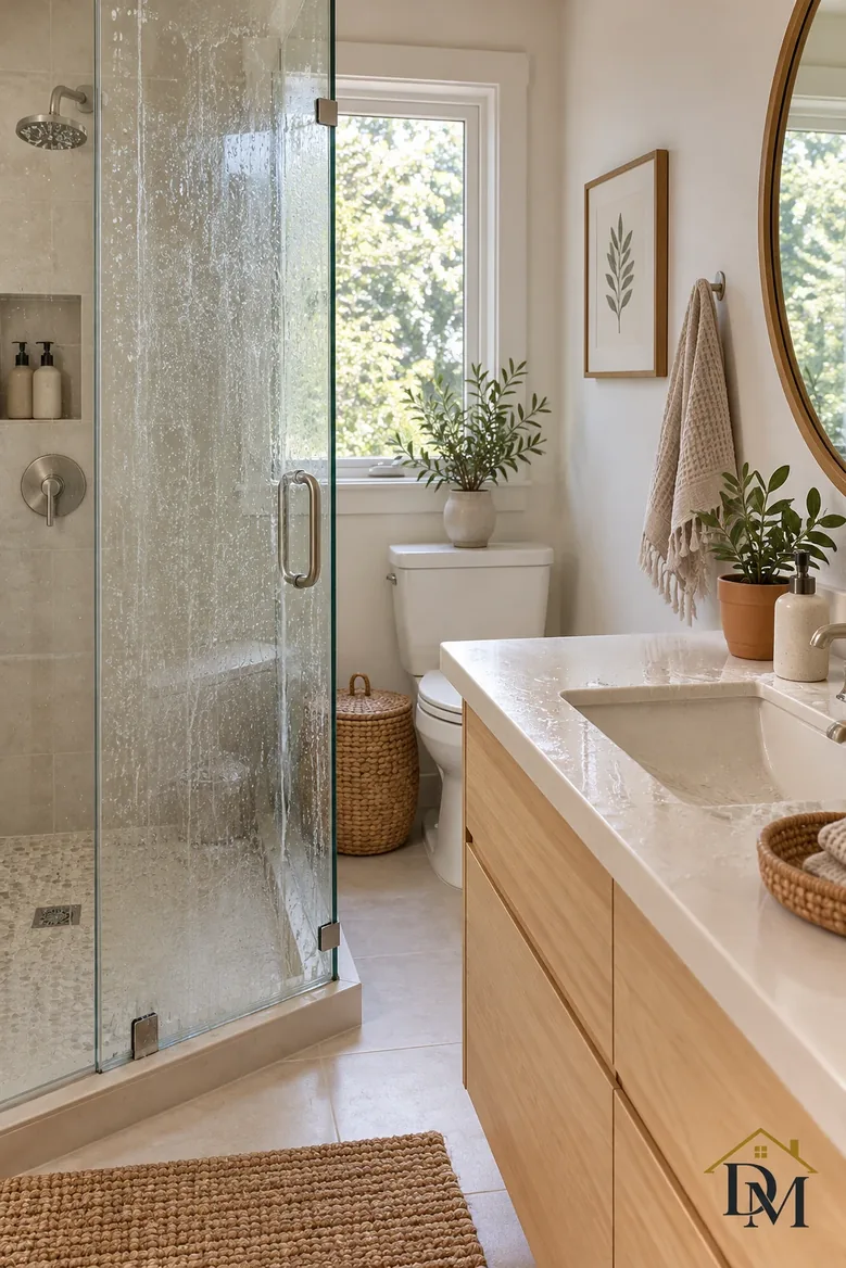 Bath view A with a towel over the vanity and the mat angled.