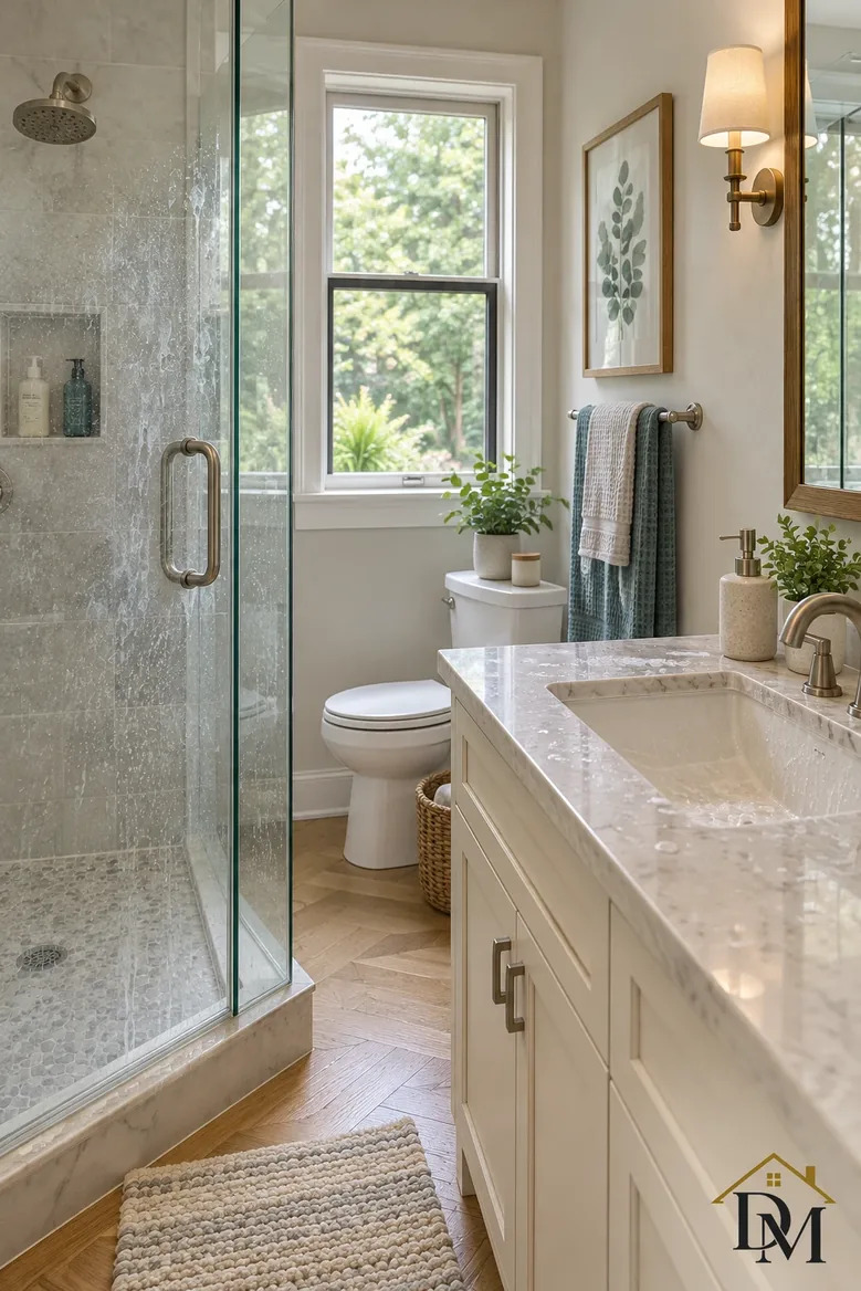 Midweek bath view A: a towel over the vanity, mat at an angle.