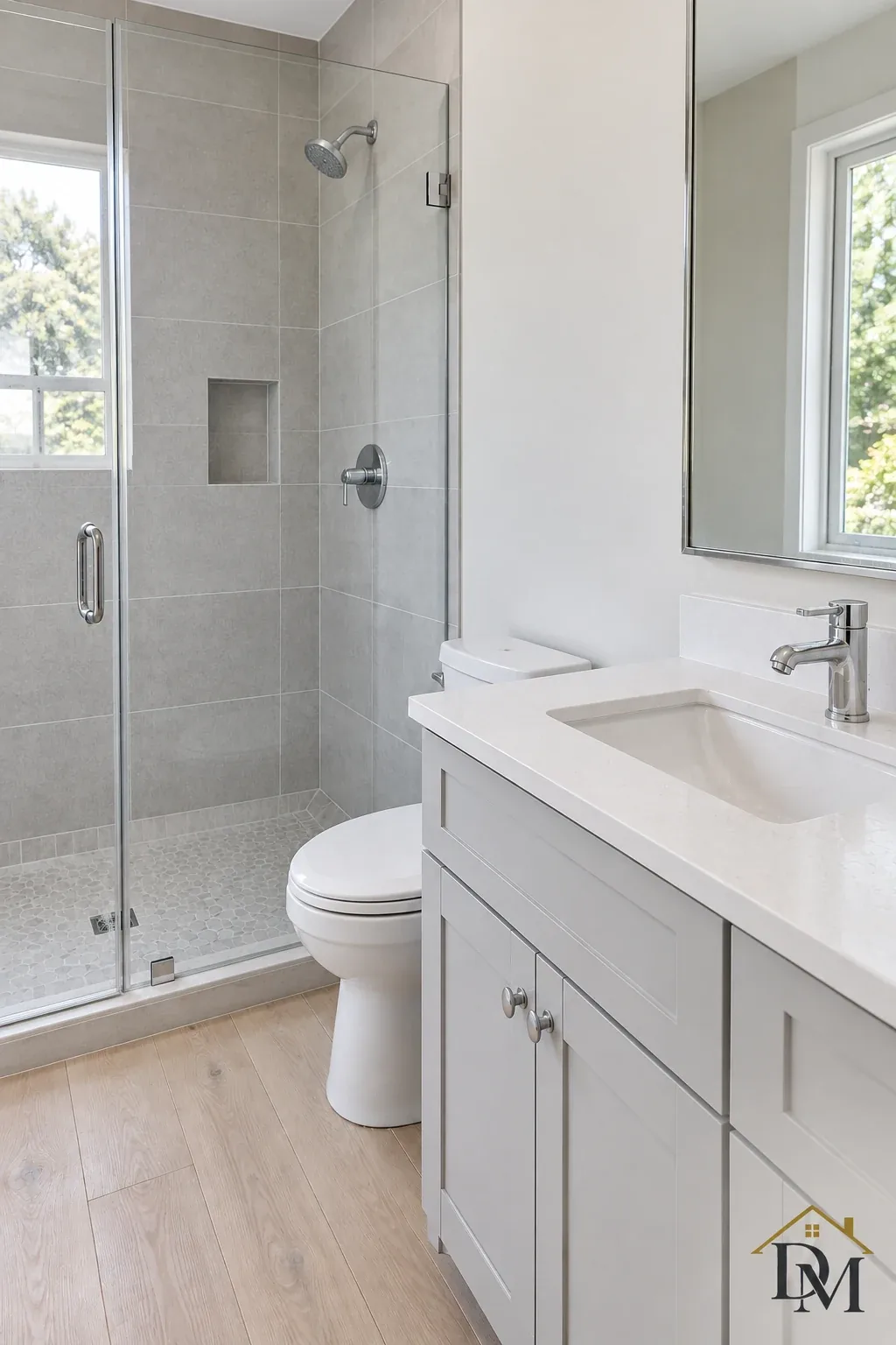 View B of the same empty bath and hex-tile floor before you unpack.