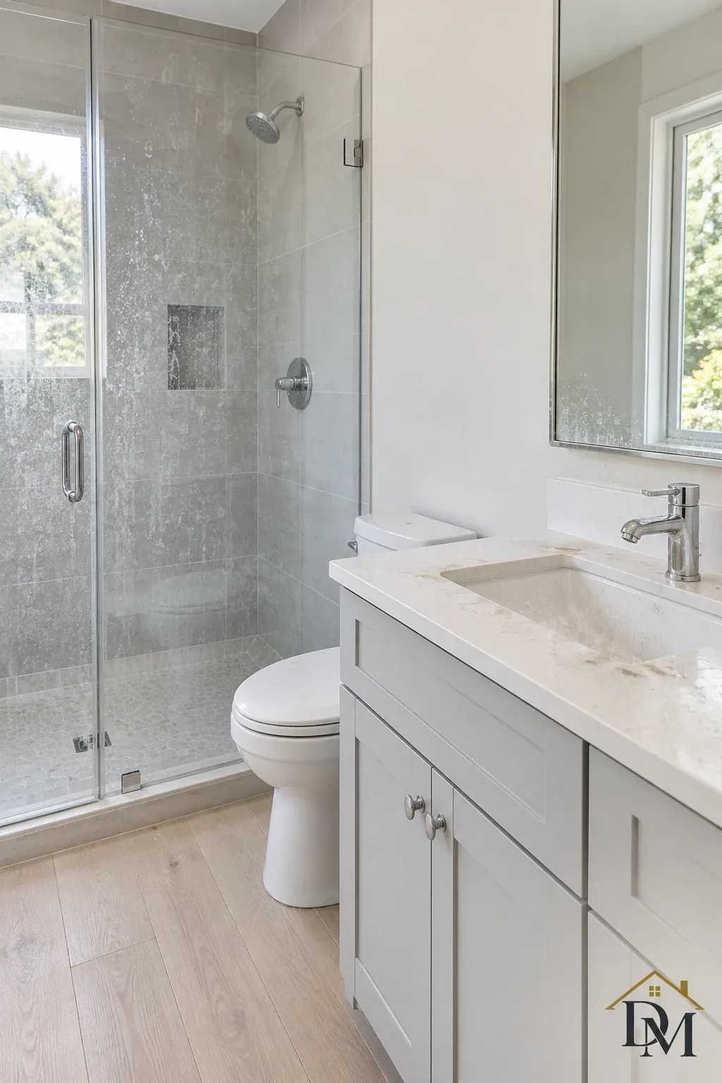 View A of an empty bath with a white vanity and glass shower.