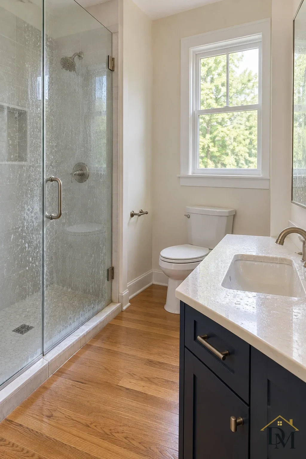 View A of the emptied bath, white vanity and glass shower.