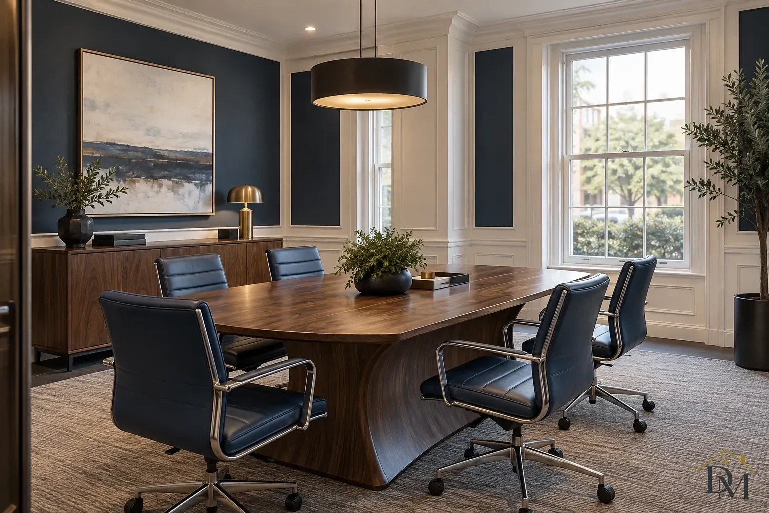 Dark wood conference table with navy rolling chairs, a black drum pendant and tall white-framed windows.
