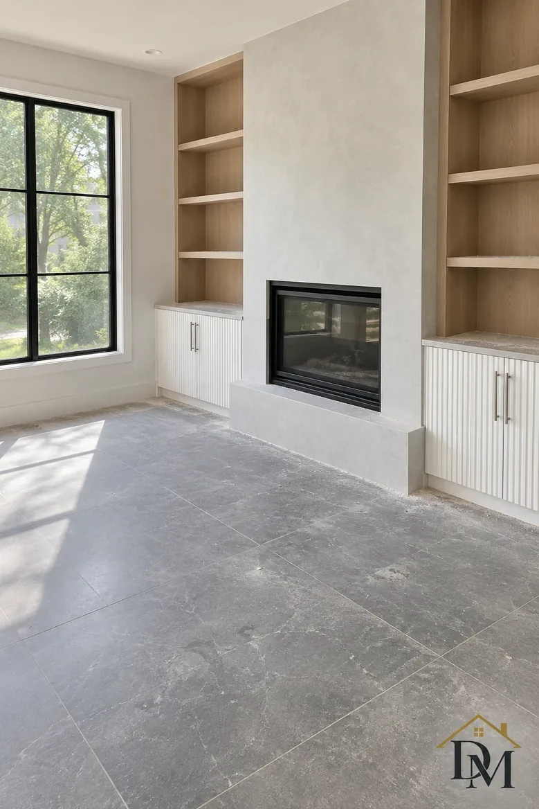 View A of a finished living room with a throw and books still out.