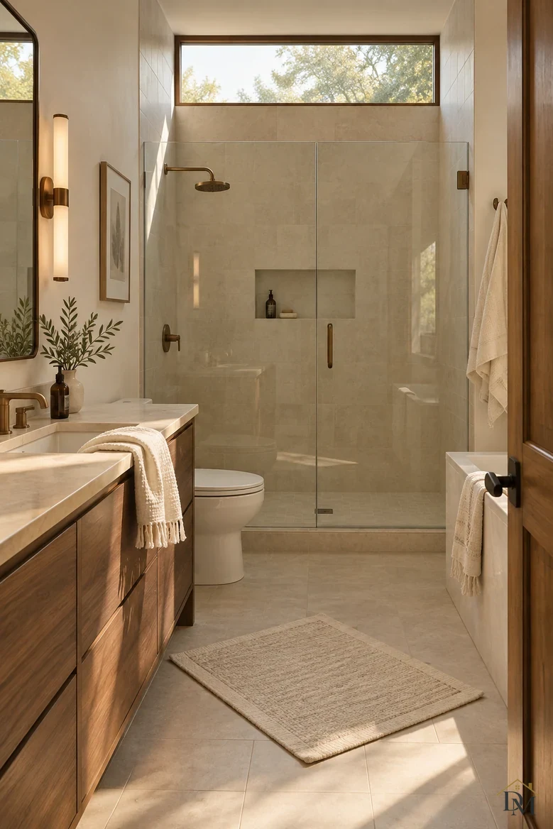Bathroom view A: a towel draped over the vanity and the bath mat at an angle.