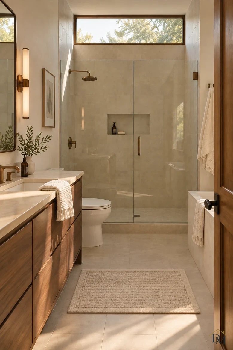 Bathroom view B: the towel folded on the vanity and the mat set straight.