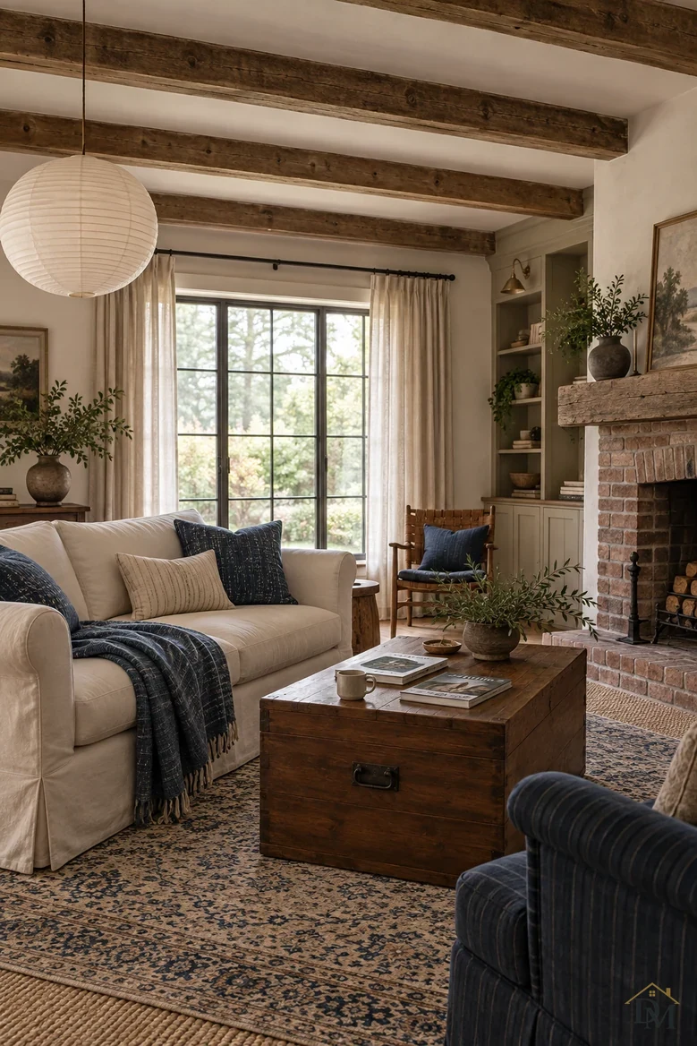 Living room view A: a blue throw across the sofa and books on the wood chest.